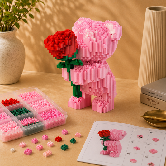 Rosa Bärchen mit Rose Bausteinset