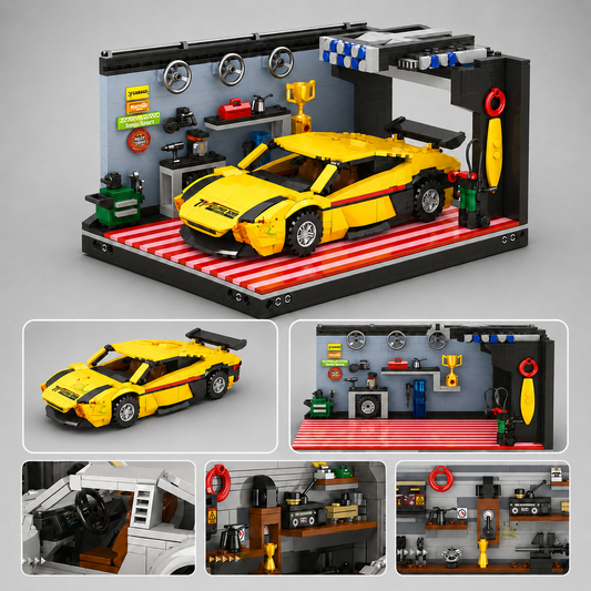 Gelbes Auto in Garage Bausteinset