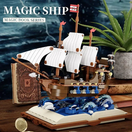 Schiff auf einem Buch Bausteinset