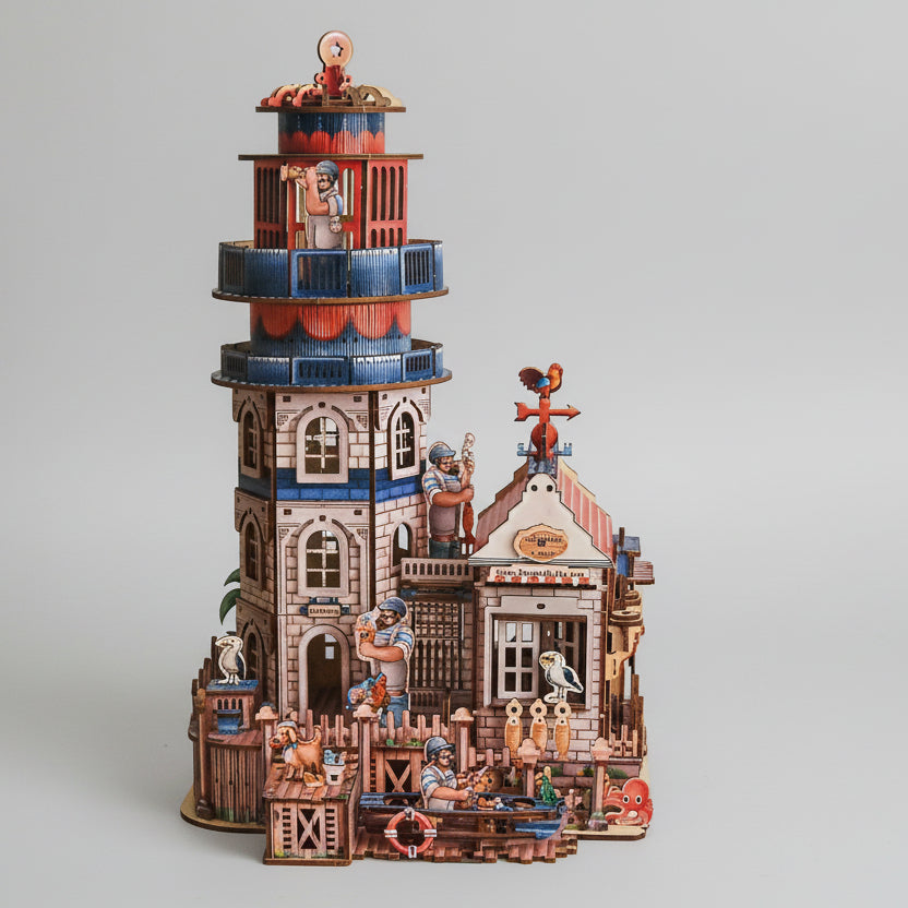 Leuchtturm mit Haus 3D-Holzbausatz