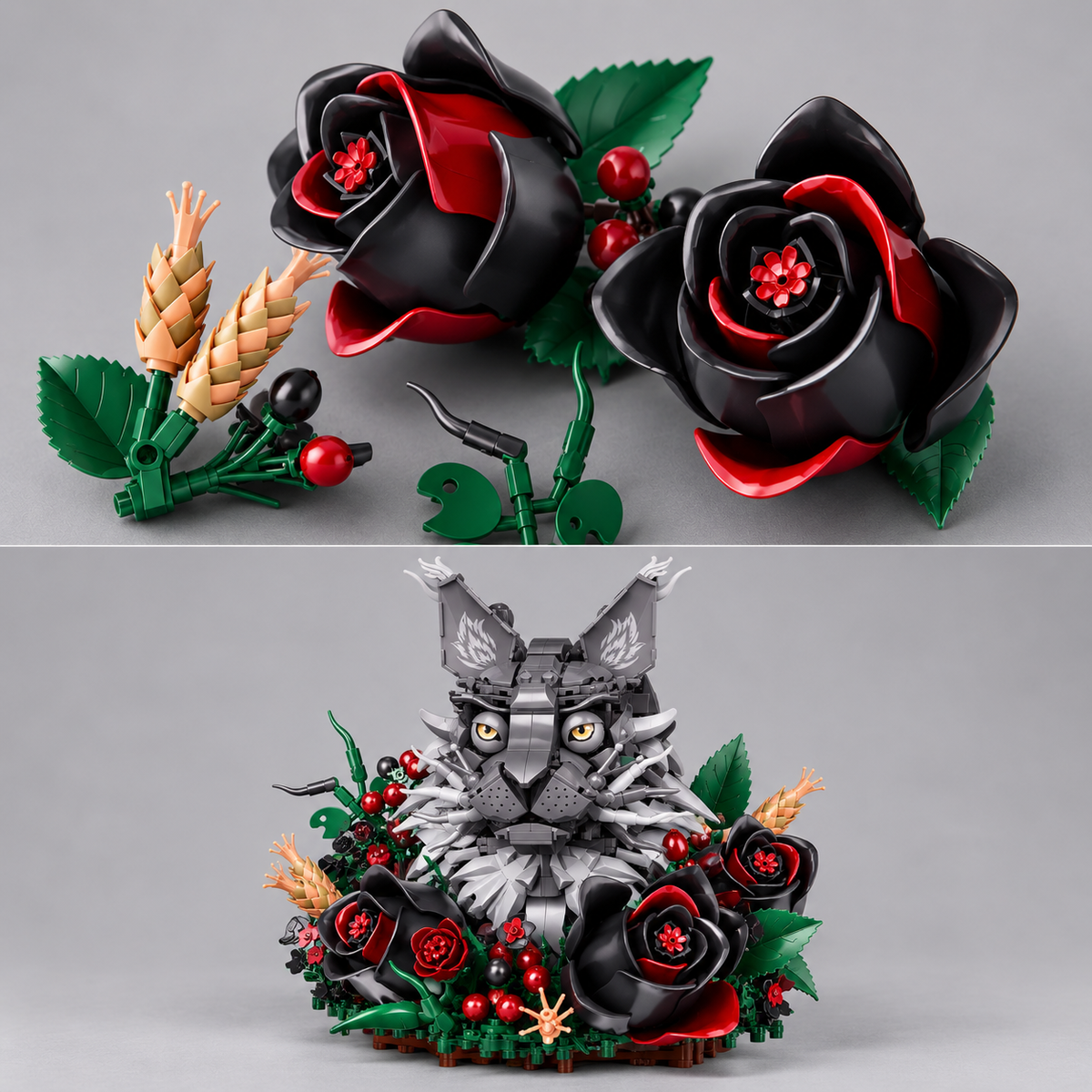 Graue Katze zwischen Blumen Bausteinset