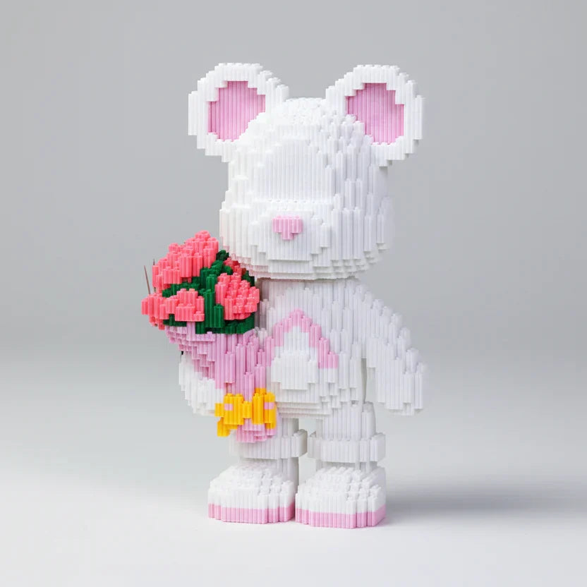 Weißer Bär mit Rosenstrauß Bausteinset