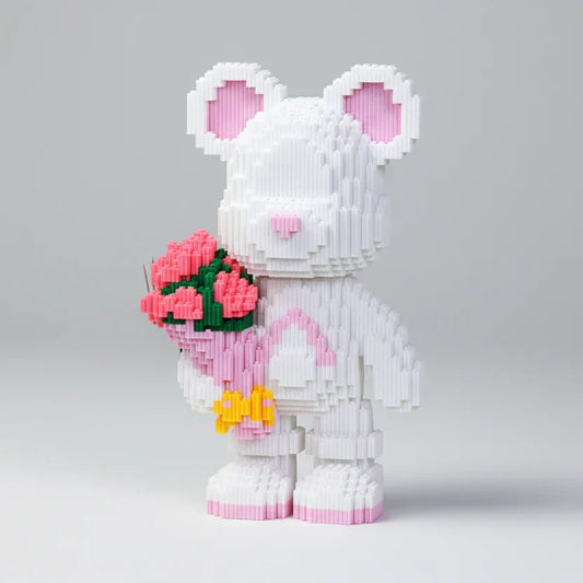 Weißer Bär mit Rosenstrauß Bausteinset