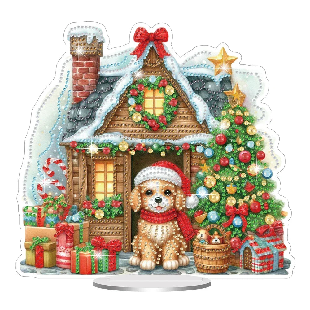 Diamond Painting 5D Hündchen vor dem Weihnachtshaus