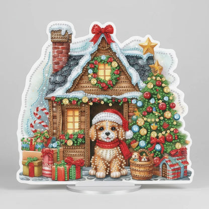 Diamond Painting 5D Hündchen vor dem Weihnachtshaus