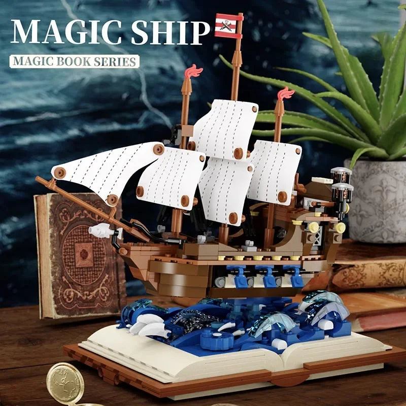 Schiff auf einem Buch Bausteinset