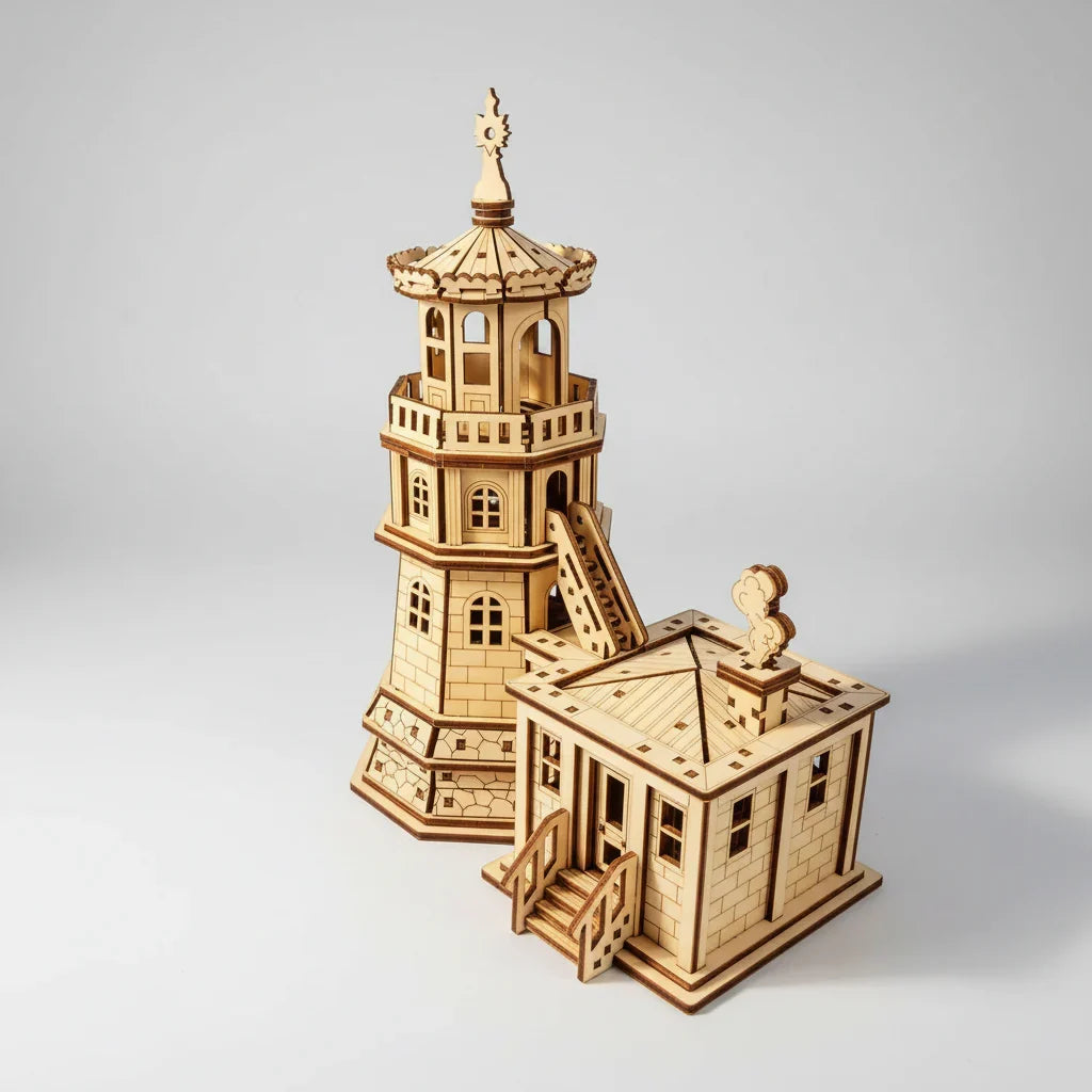 Leuchtturm mit Häuschen 3D-Holzbausatz