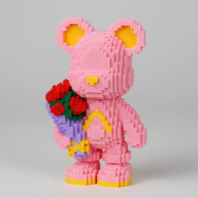 Rosa Bär mit Rosenstrauß Bausteinset