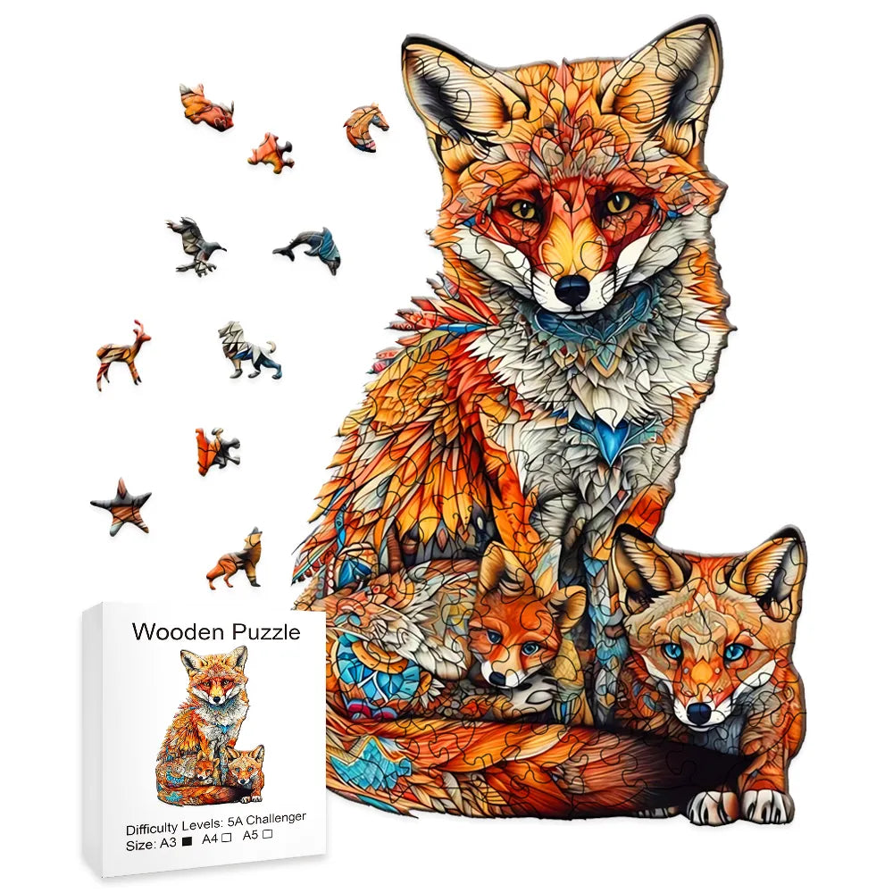 Fuchs mit kleinen Füchsen Holzpuzzle