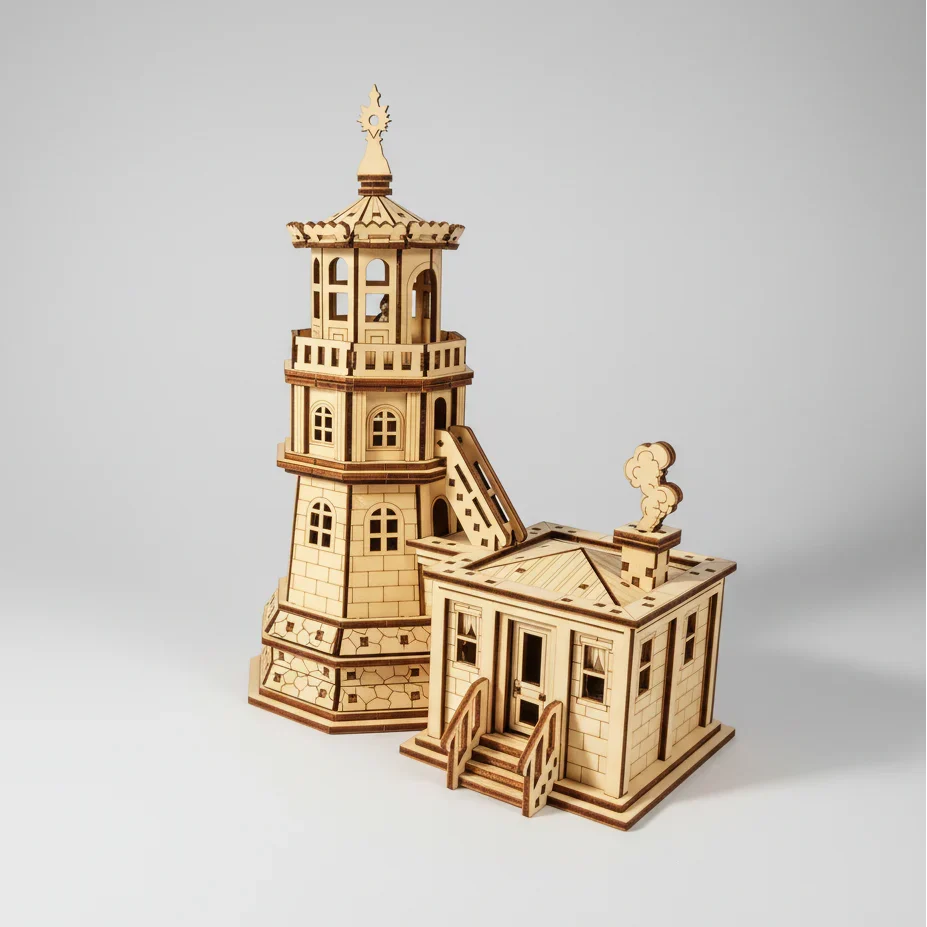 Leuchtturm mit Häuschen 3D-Holzbausatz