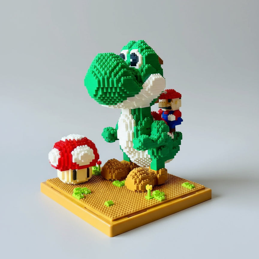 Grüner Dino mit rotem Klempner auf dem Baubrett Bausteinset