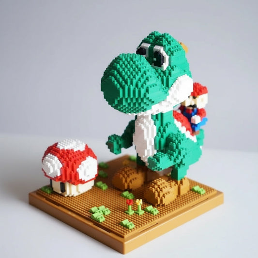 Grüner Dino mit rotem Klempner auf dem Baubrett Bausteinset