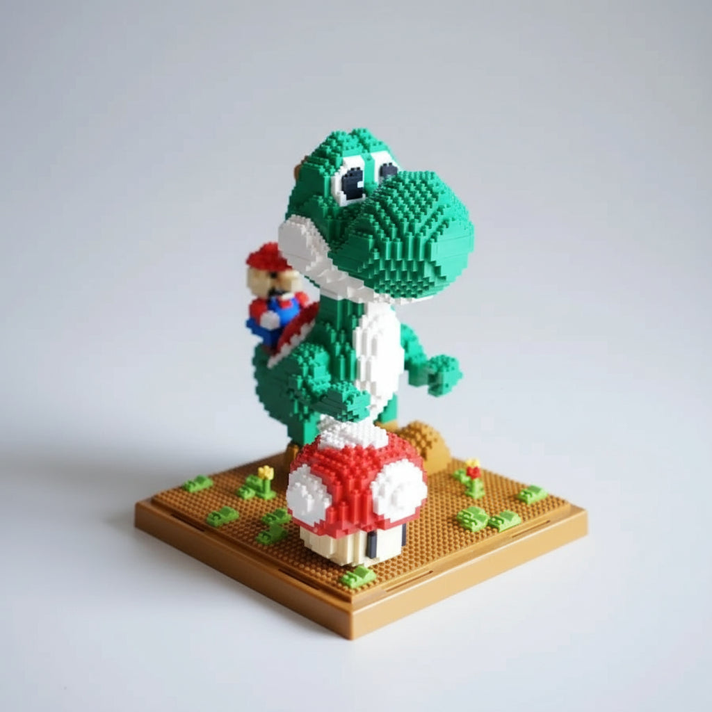 Grüner Dino mit rotem Klempner auf dem Baubrett Bausteinset