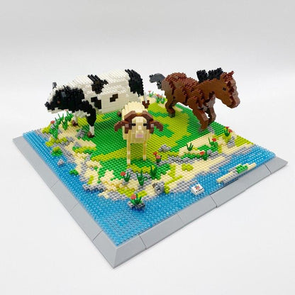 Pferd, Kuh und Schaf auf der Weide Bausteinset
